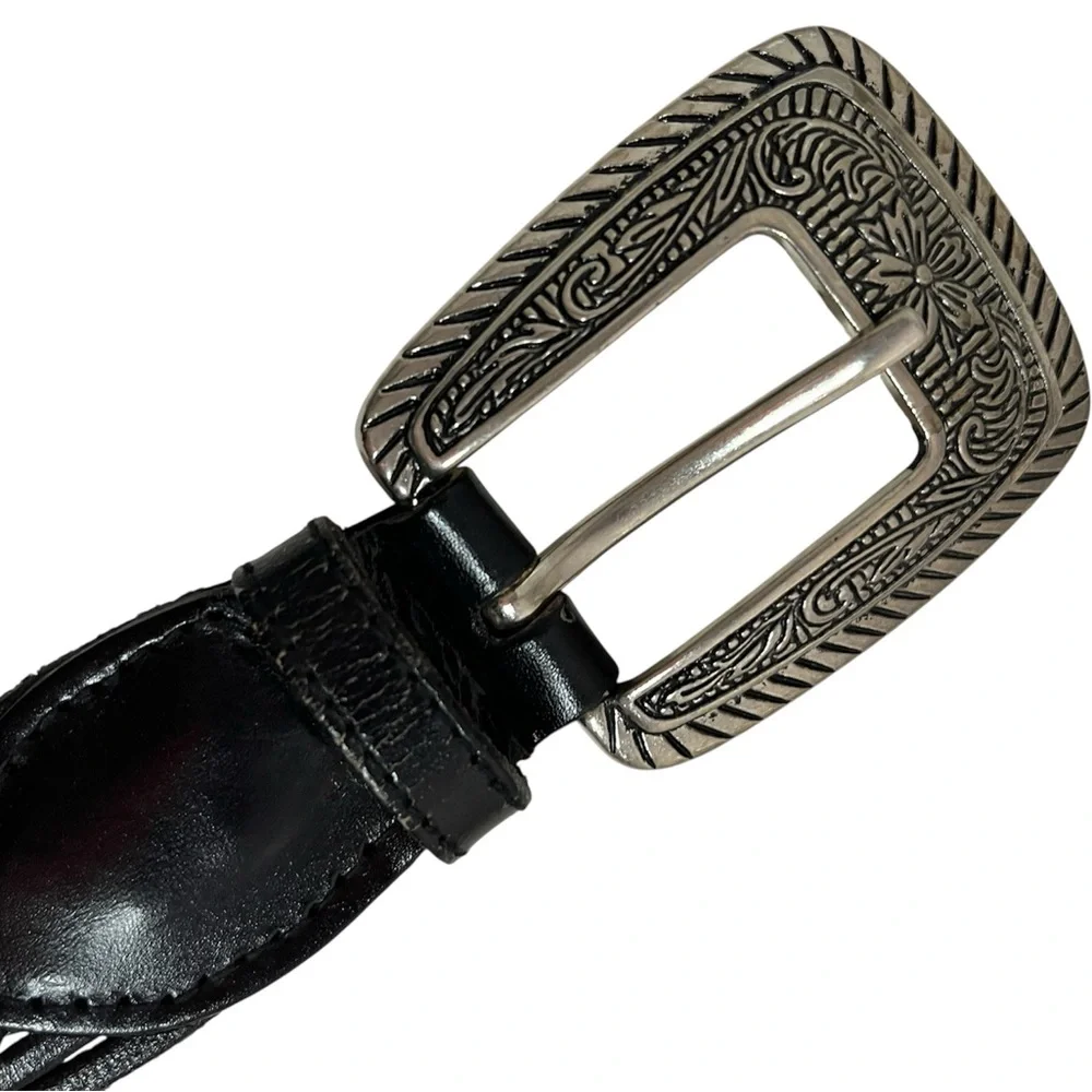 Black Braided Leather Western Belt Silver Accents Size Small